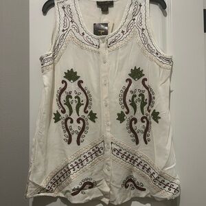 Boho Chic Sleeveless Blouse with Burgundy and Green Embroidery- Magic #India